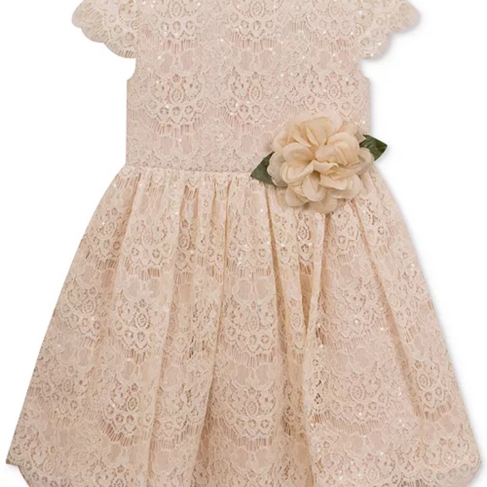 Cream Lace Sequin Dress with Floral Accent Sz 6